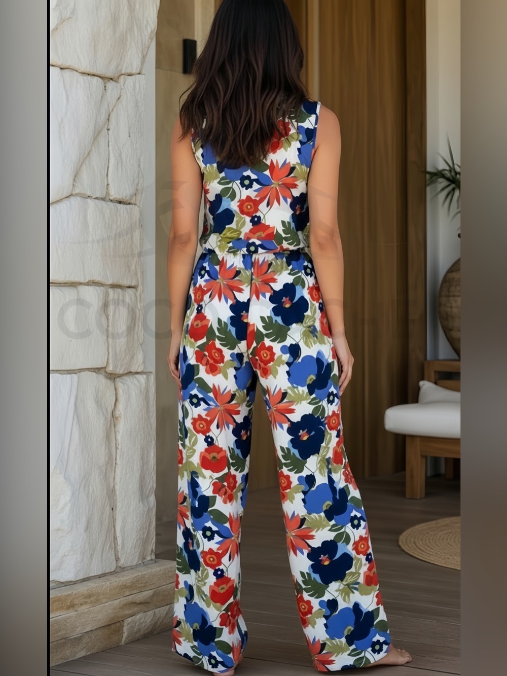 Casual Floral Print Sleeveless Loose Top and Matching Wide Leg Pants Trousers - Picture 4 of 14